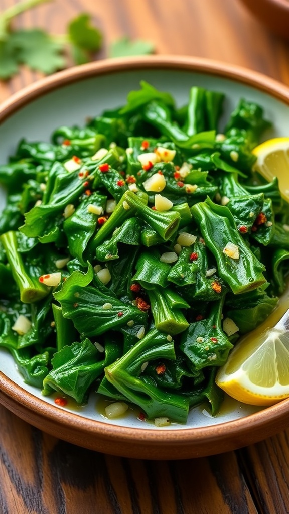 A bowl of sautéed garlic kale garnished with red pepper flakes and lemon, on a rustic wooden table.